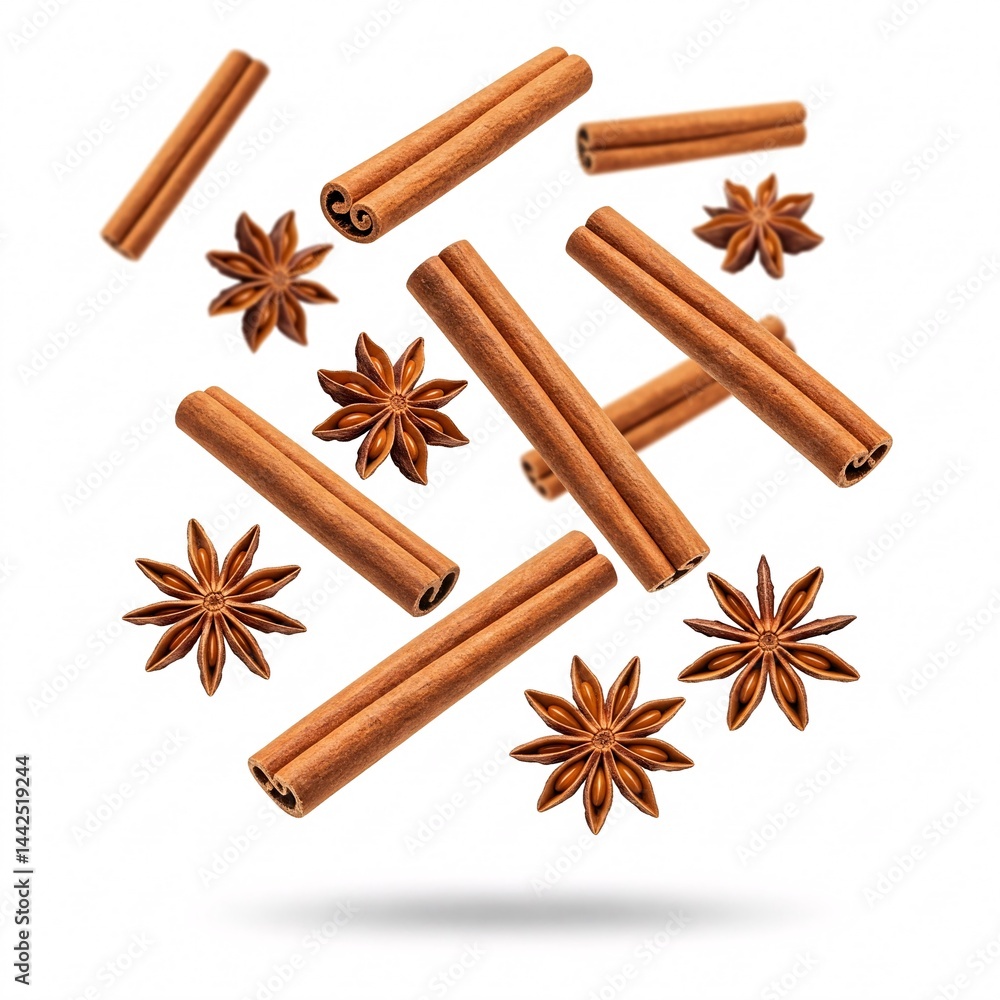 Falling cinnamon sticks and star anise, isolated on white background. Falling cinnamon sticks and star anise, isolated on white background.