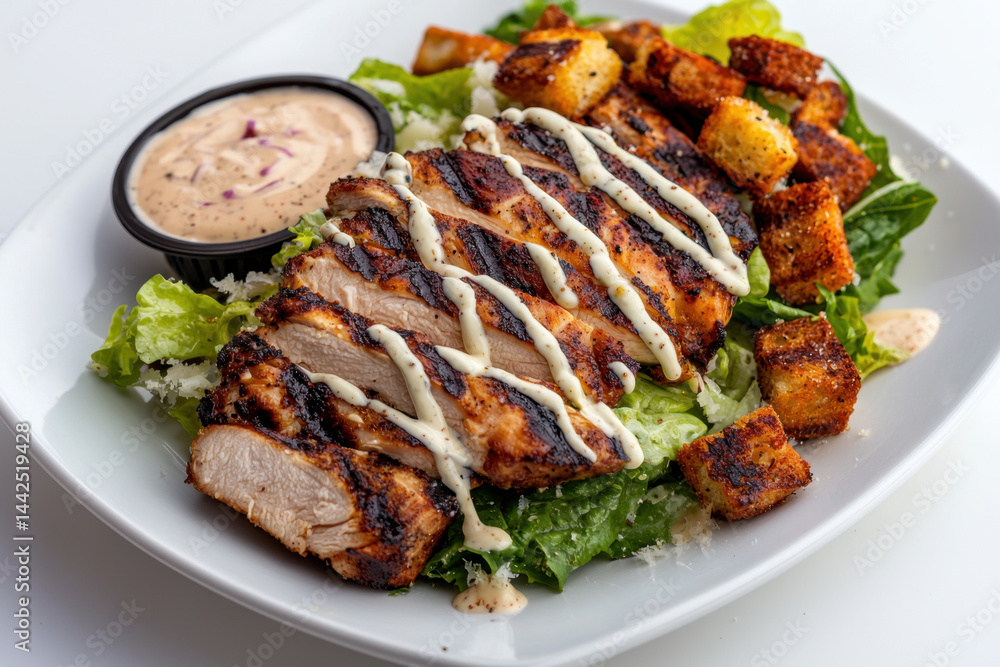 Isolated grilled chicken caesar salad with romaine lettuce restaurant setting food photography gourmet environment top-down view classic dish presentation for seo impact Isolated grilled chicken caesar salad with romaine lettuce restaurant setting food photography gourmet environment top-down view classic dish presentation for seo impact