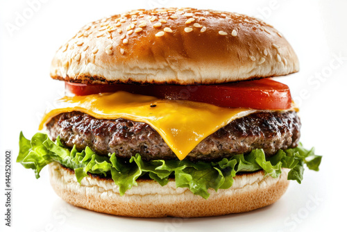 Isolated classic cheeseburger with juicy beef patty melt gourmet restaurant food photography white background close-up shot culinary delight