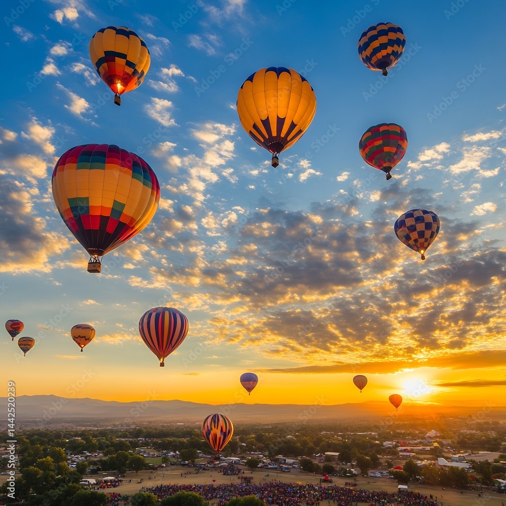 Obraz premium Hot Air Balloon Festival at Sunrise with Colorful Balloons Filling the Sky: Premium AI Art Concept for Posters, Banners, and Wallpapers