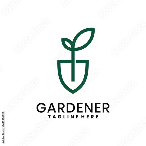 Minimalist gardener logo with leaf and shovel symbol