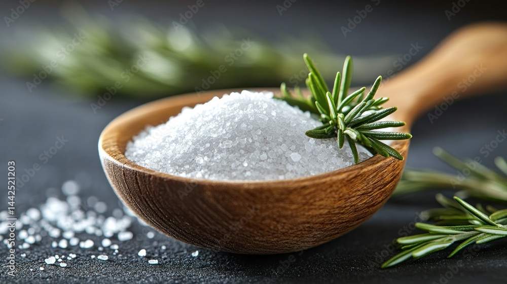 Wooden spoon filled with white salt and fresh rosemary sprigs Wooden spoon filled with white salt and fresh rosemary sprigs