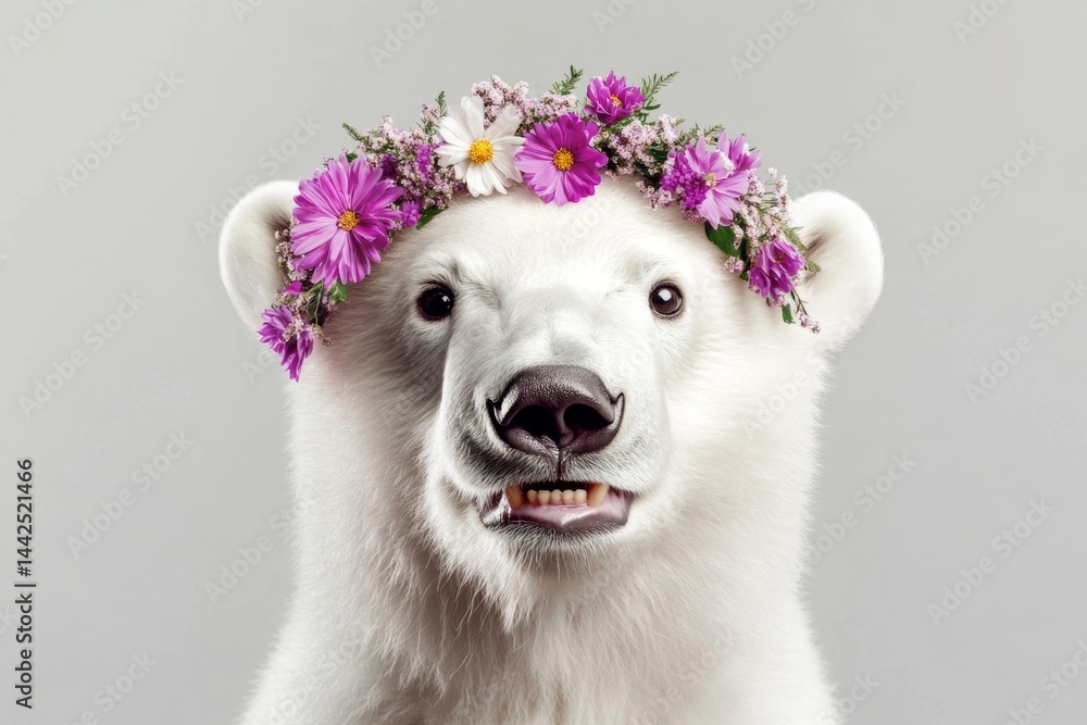 Obraz premium Cute baby animal polar bear wearing feral flower circlet on its head - symbol of sunny holiday season. Isolated pure white background, copy space, commercial conceptual art.