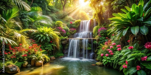Waterfall in lush tropical garden surrounded by exotic flowers and greenery, with sunlight filtering through the trees