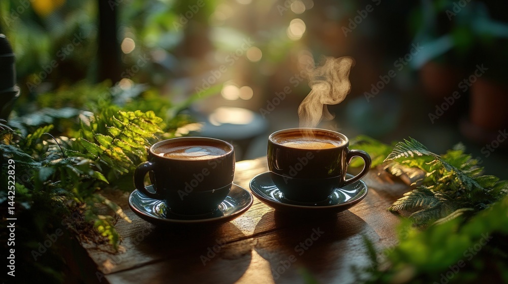 Two steaming coffee cups on a wooden table surrounded by lush greenery bathed in sunlight Two steaming coffee cups on a wooden table surrounded by lush greenery bathed in sunlight
