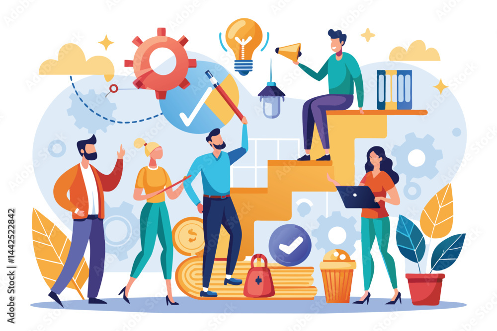 Illustration of a diverse team working together on business development and innovation, symbolized by a light bulb and gears, fostering creativity, teamwork, and progress. Illustration of a diverse team working together on business development and innovation, symbolized by a light bulb and gears, fostering creativity, teamwork, and progress.