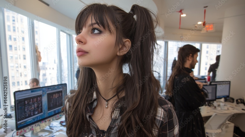 Obraz premium A young female programmer is seated at her desk in the office, working