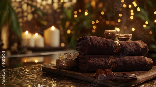 Dark chocolate spa towels and aromatherapy.  Relaxing spa setting with warm lighting, candles, and chocolate