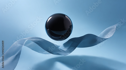 Abstract black sphere and flowing blue ribbon on light blue background studio shot stock photo image