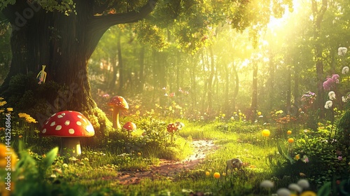 Fototapeta Naklejka Na Ścianę i Meble -  Magical fairytale forest path sunlight mushrooms flowers art red tree green scene woods white summer
