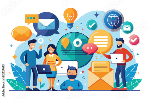 Illustration of a diverse team engaged in digital communication and collaboration, using laptops and symbols like emails and messages, representing modern office work and teamwork.