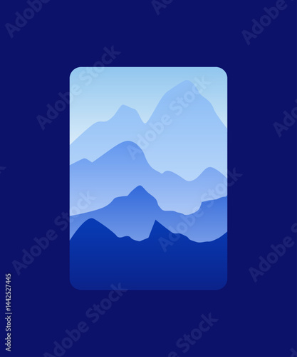 Vector illustration of beautiful blue mountain landscape with fog and forest. sunrise and sunset in mountains