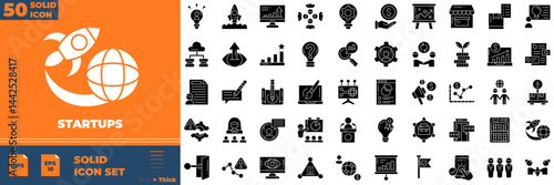 Startups Solid Editable Icons set. Vector illustration in modern thin solid style of startups icons: Launch, rocket, project, etc