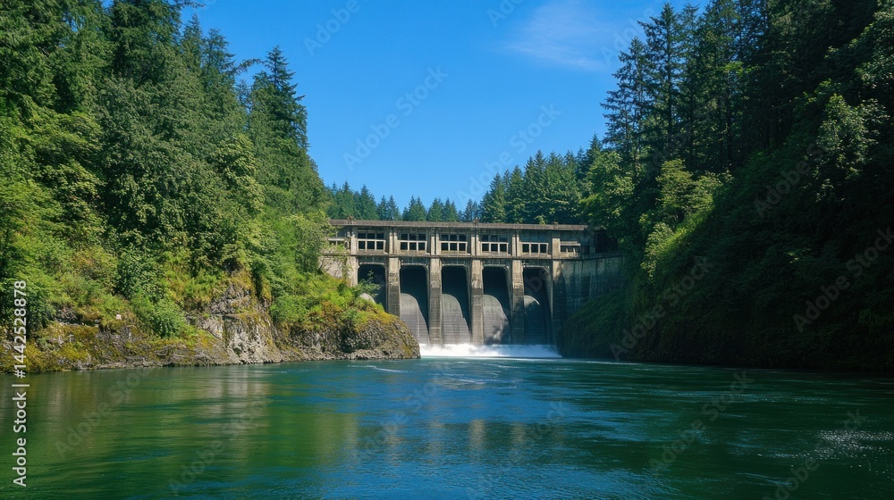 Scenic dam on a tranquil river, surrounded by lush green forest, under a clear blue sky.