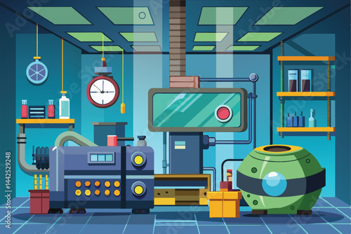 Illustration of a futuristic cartoon laboratory filled with various scientific equipment, gadgets, and colorful decor. Ideal for themes of innovation, science, and technology in animation or design.