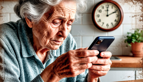 Obraz na płótnie Lonely old age — elderly woman using smartphone alone at home, showing isolation, digital gap and emotional vulnerability in senior years w salonie