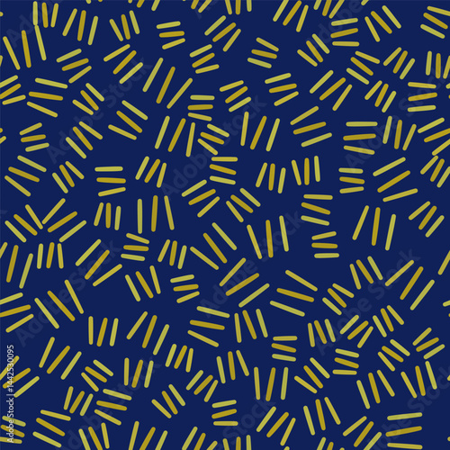 Texture seamless pattern. Yellow short lines on a dark blue background. Thick thread stitches on denim fabric. Abstract background of parallel dashes. Minimalist geometry design for your project.