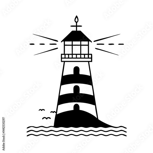 Stylized lighthouse on a small island with a light beam shining outward