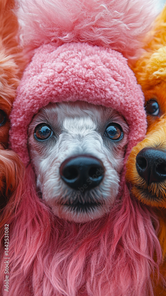 Colorful Poodle Quartet: Vibrant Pet Companionship and Diversity in Studio Shot