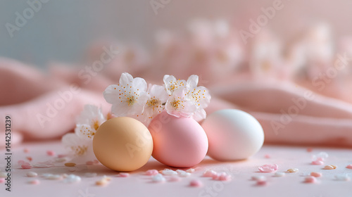Pastel easter eggs with cherry blossoms spring holiday celebration aesthetic background decoration design
