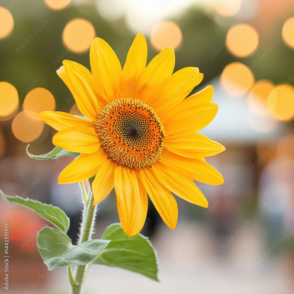 Naklejka premium Bright sunflower with vibrant petals and blurred background