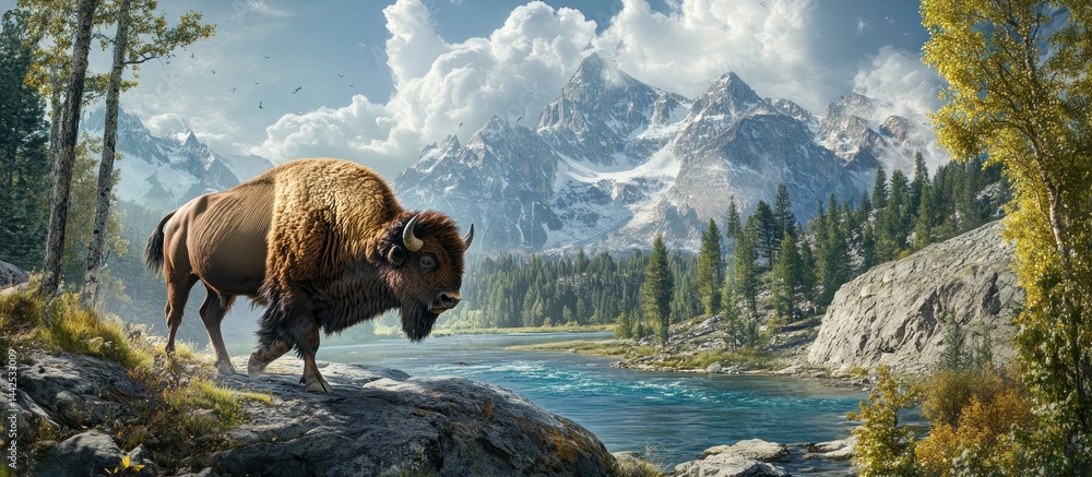 Majestic Bison by a Mountain Lake.