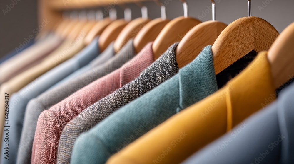 Obraz premium A stunning closet features meticulously organized garments hanging neatly on wooden hangers