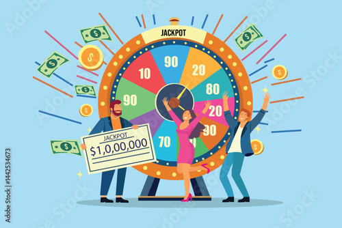 Happy people win jackpot in lottery. Vector flat cartoon illustration for casino or gambling games.