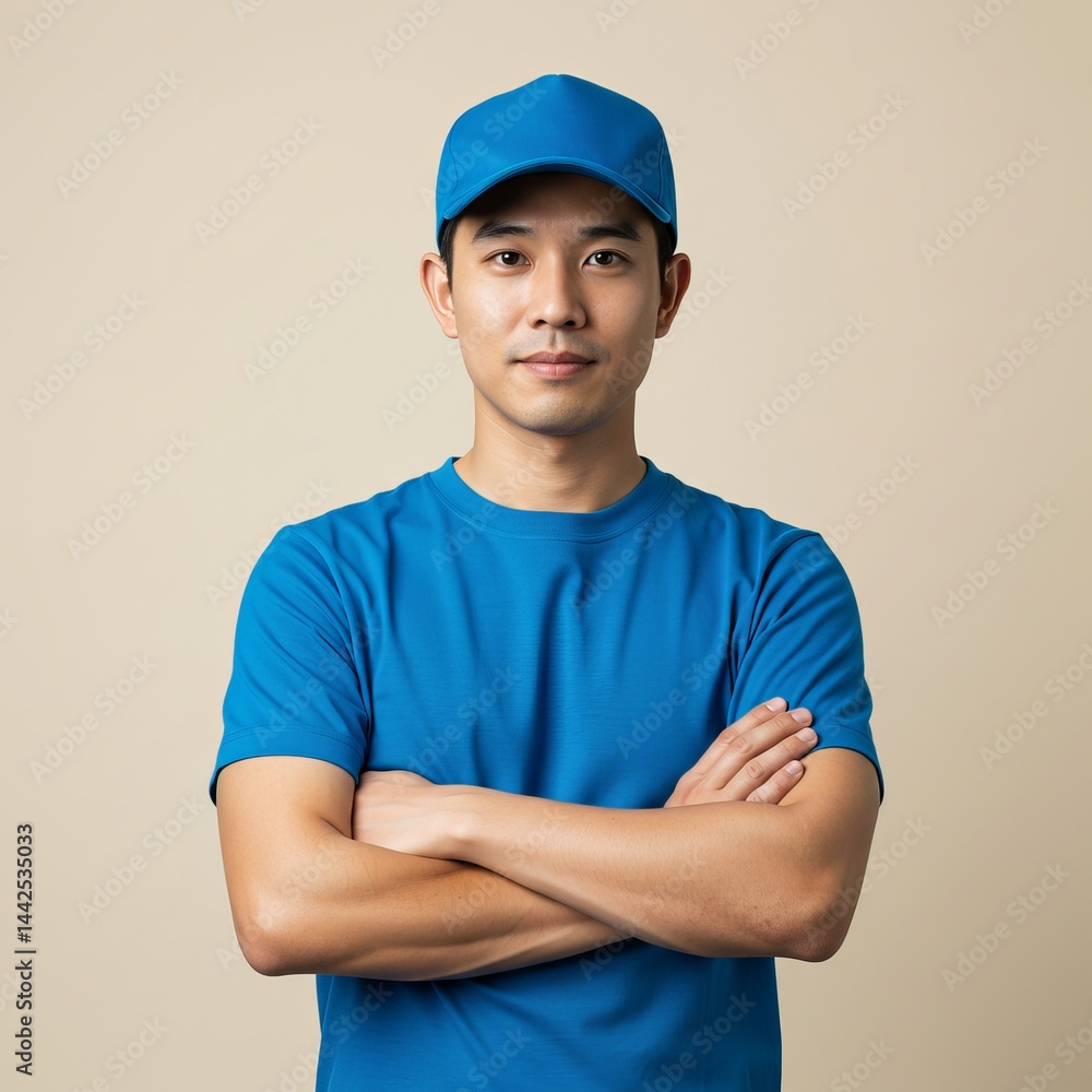 Portrait of a Confident Asian Delivery Driver in Blue Uniform, Professional and Ready for Work Portrait of a Confident Asian Delivery Driver in Blue Uniform, Professional and Ready for Work