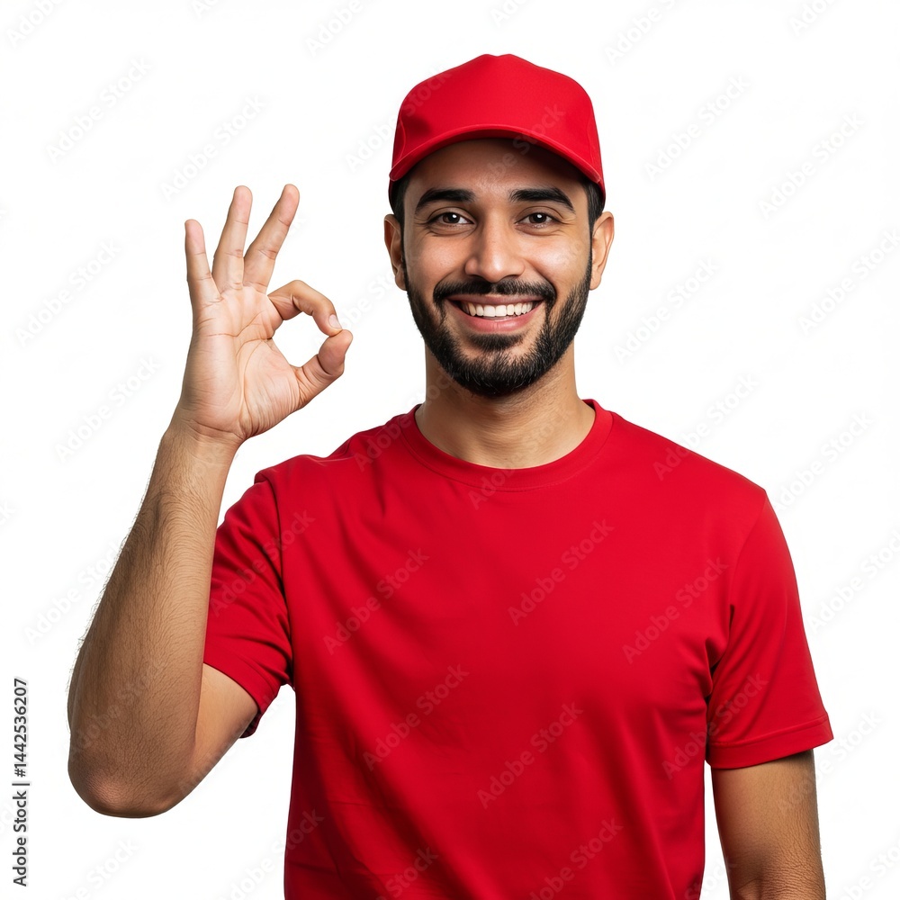 Naklejka premium Happy Delivery Man Showing OK Sign, Positive Customer Service