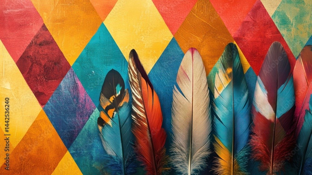 Colorful bird feathers arranged on a vibrant geometric background.