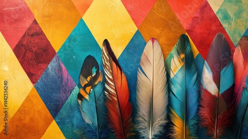 Obraz na płótnie Colorful bird feathers arranged on a vibrant geometric background. w salonie