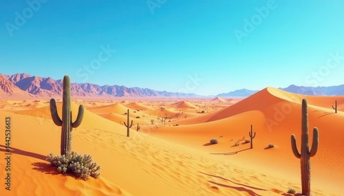 Sun-baked dunes, sparse cacti, clear blue sky, outdoor, desert