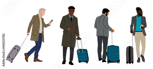 Diverse businessmen in formal suit, coat standing with suitcase, phones, luggage, waiting for departure. Business travel concept. Flat colorful vector illustration isolated on transparent background.