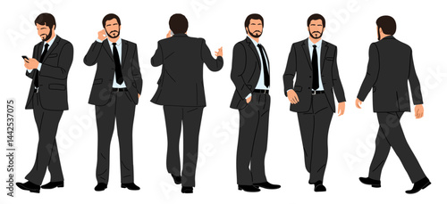 Businessman character in different poses. Handsome business man in formal suit standing, walking, front, back, side view, using phone. Vector flat illustration set isolated on transparent background. 