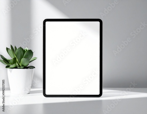 iPad standing on minimalistic metal stand with blank screen