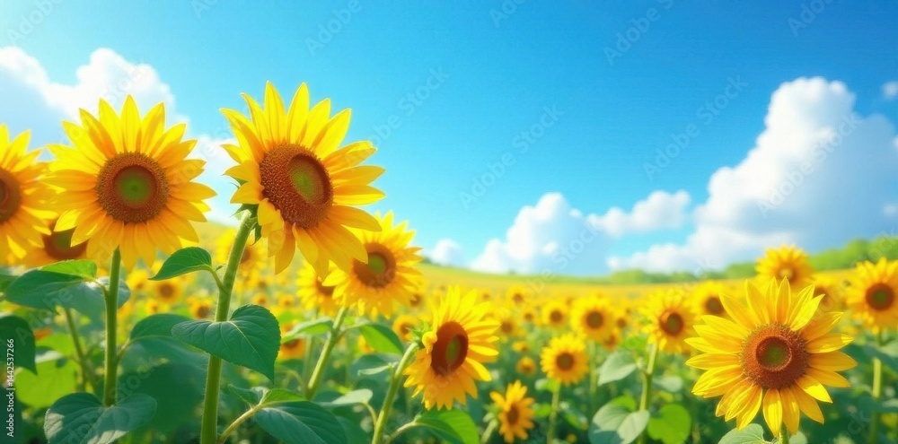 Sunflowers swaying gently under a cloudless azure sky, beauty, clouds, warm Sunflowers swaying gently under a cloudless azure sky, beauty, clouds, warm