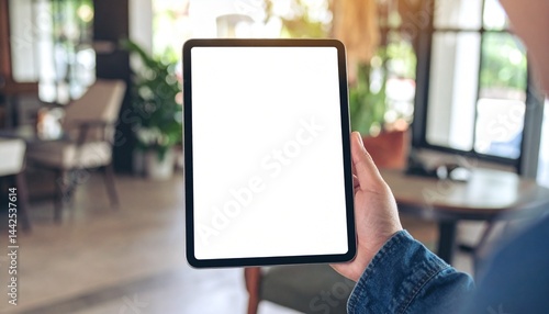  Bussines man holding iPad with b lank screen