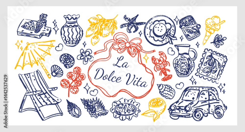 La Dolce Vita Set line art chalk and charcoal hand-drawn vector collection inspired by Italian summer, featuring lemons, cheese, wine, sea motifs, a vintage car, sun and seaside vacation vibes. 