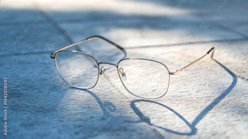 Eyeglasses resting on a surface with a clear and present shadow Eyeglasses resting on a surface with a clear and present shadow