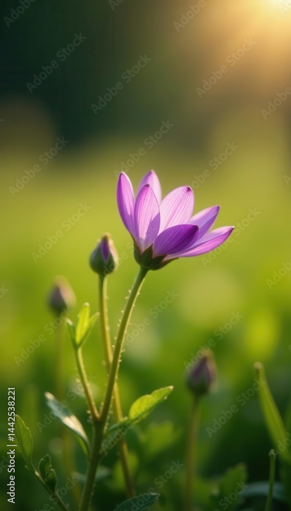Tiny purple wildflower in meadow, sunlight on petals, rural, spring Tiny purple wildflower in meadow, sunlight on petals, rural, spring
