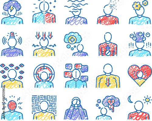 Psychological Problems set Icons hand drawn