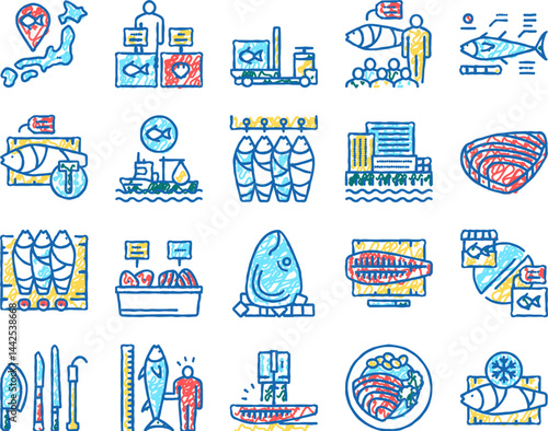Tuna Auction Tsukiji Market set Icons hand drawn