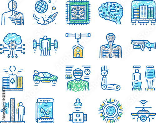 Future Life Devices set Icons hand drawn
