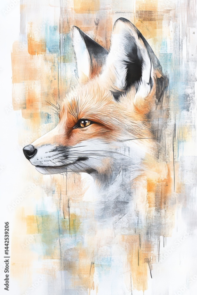 Obraz premium A Stunning Watercolor Portrait Showcasing the Vibrant Fur and Ears of a Fox in Its Natural Habitat