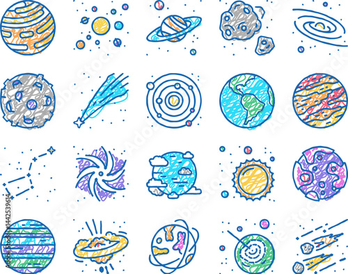 Galaxy System Space set Icons hand drawn
