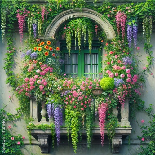 A balcony waterfall of color