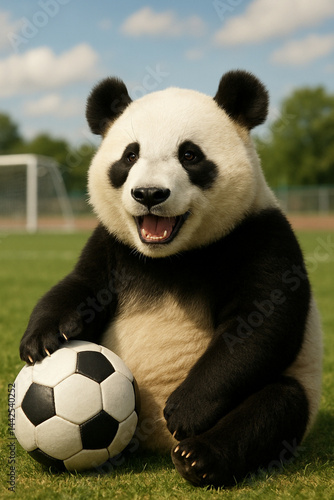 cute panda with soccer ball in hand