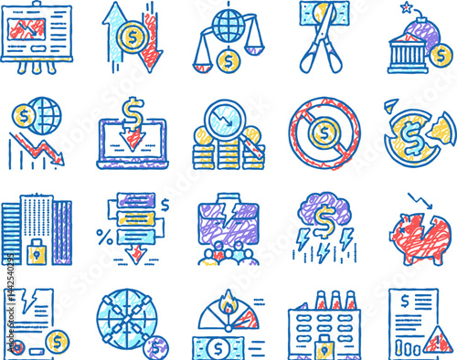 World Financial Crisis set Icons hand drawn