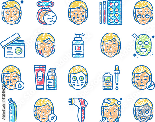 Facial Skin Care Treat set Icons hand drawn